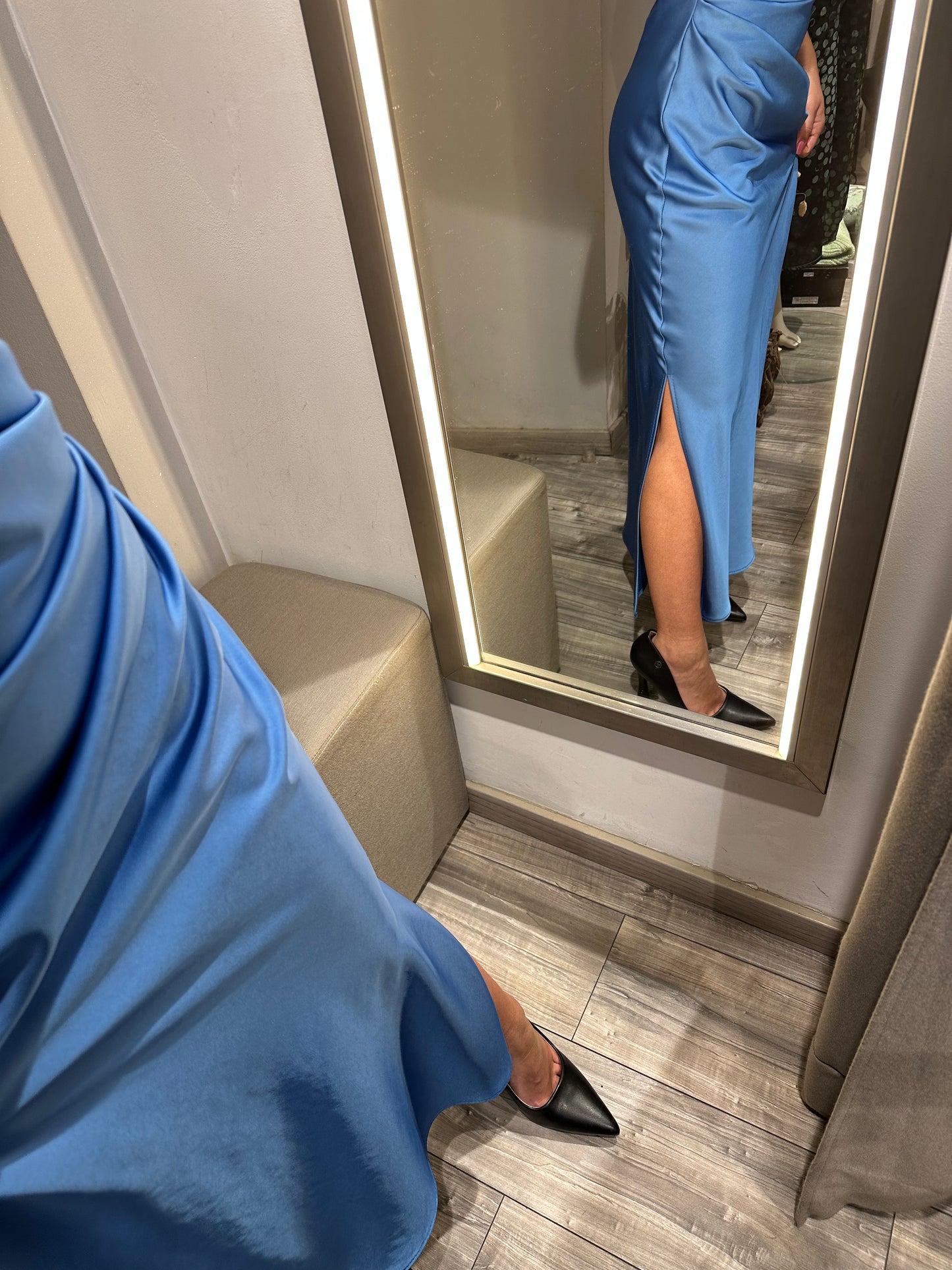 ABITO MIDI DRAPPEGGIATO EFFETTO SATIN BLU ROYALE
