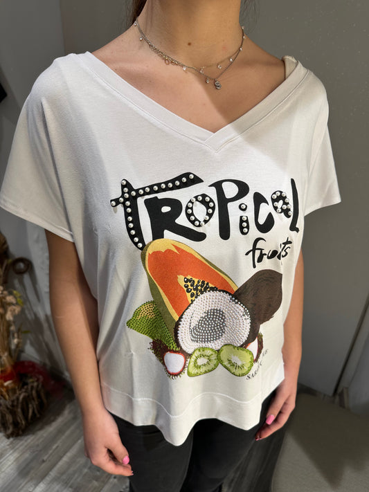 T-SHIRT BIANCA STAMPA TROPICAL FRUIT