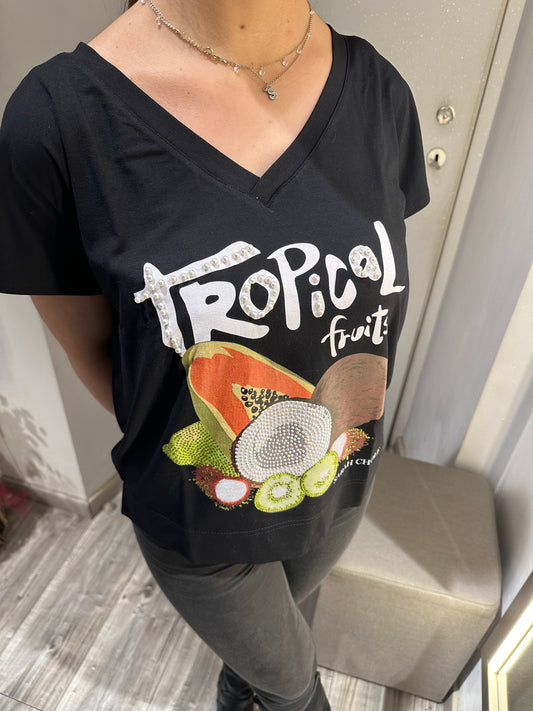 T-SHIRT NERA STAMPA TROPICAL FRUIT