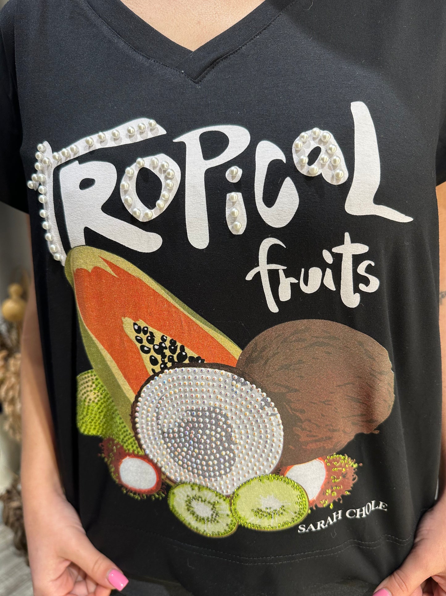 T-SHIRT NERA STAMPA TROPICAL FRUIT
