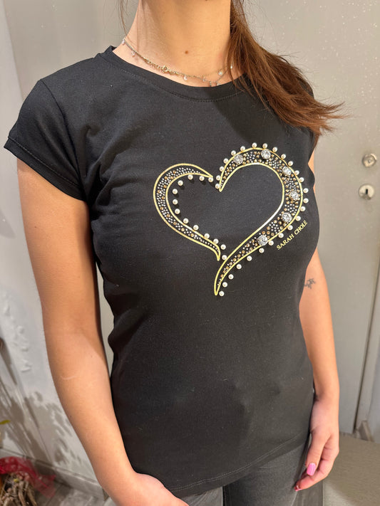 T-SHIRT NERA STAMPA CUORE E STRASS