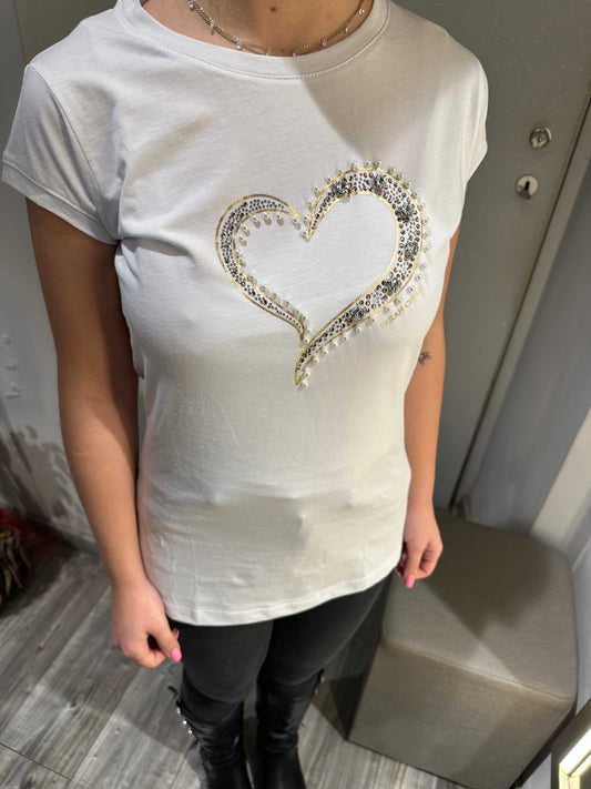 T-SHIRT BIANCA STAMPA CUORE E STRASS