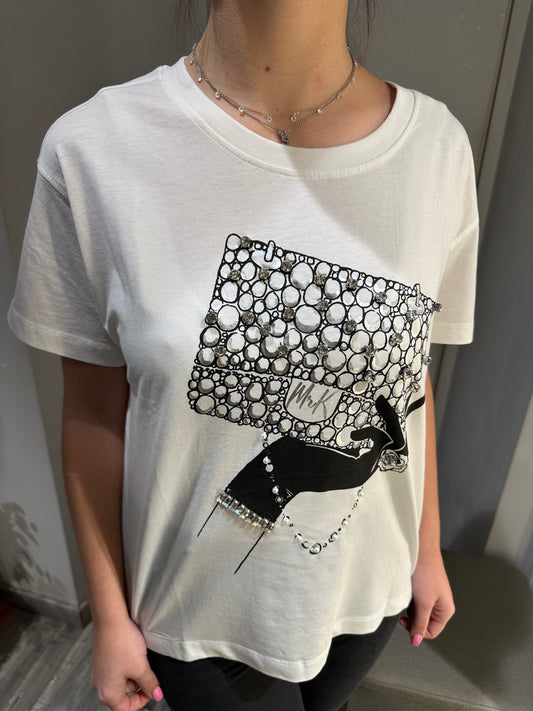 T-SHIRT BIANCA STAMPA BUSTA E STRASS