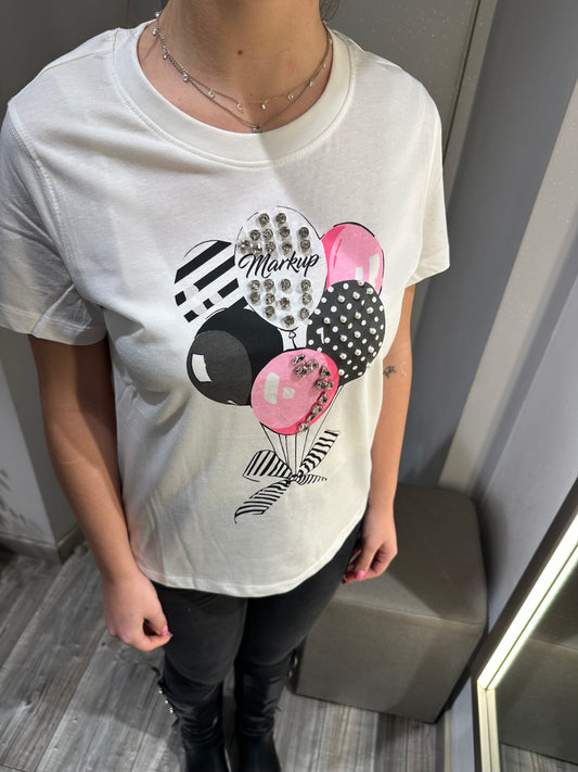 T-SHIRT BIANCA STAMPA PALLONCINI E STRASS