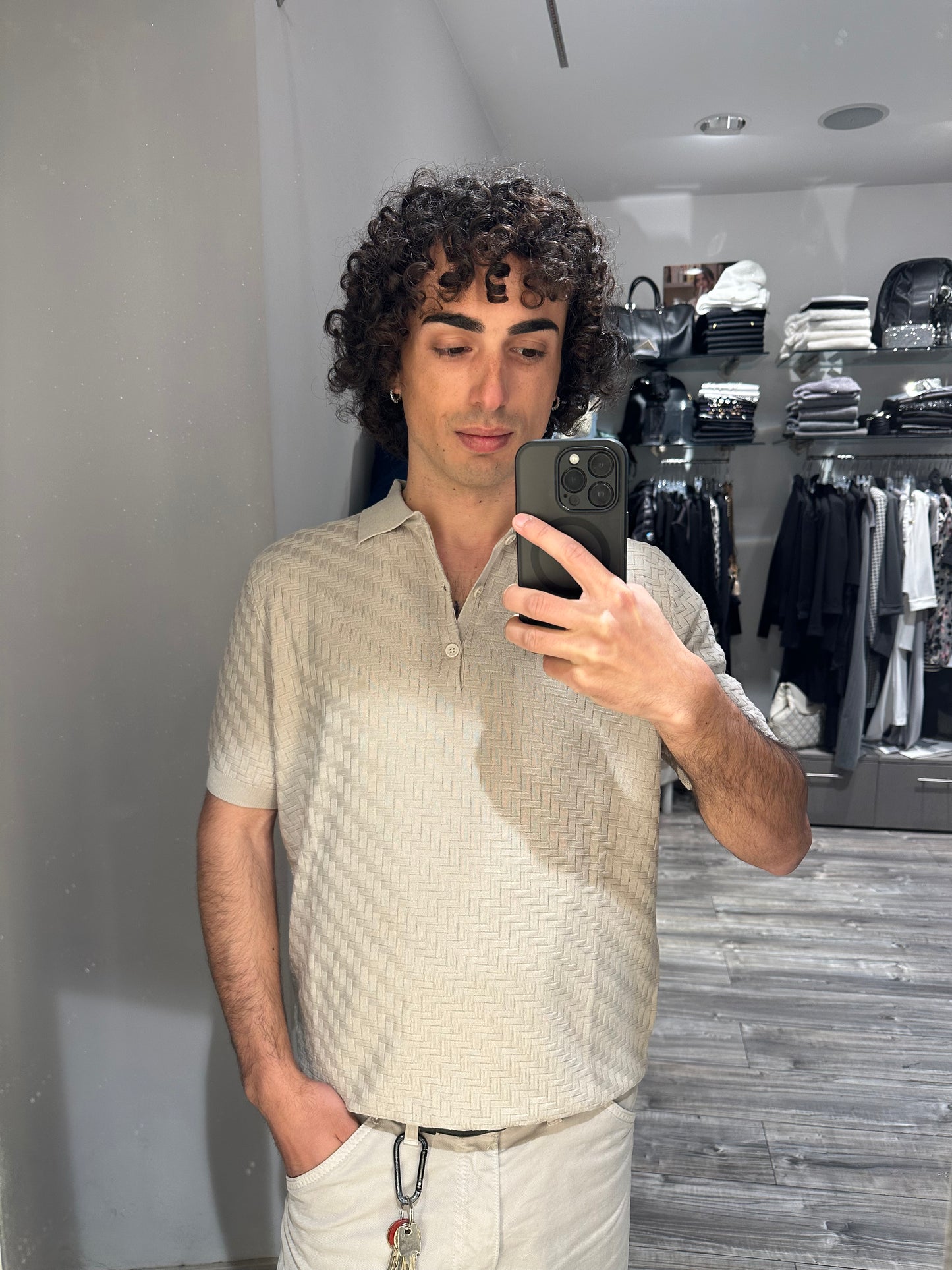 POLO IN MAGLIA OPERATA IN MISTO VISCOSA BEIGE