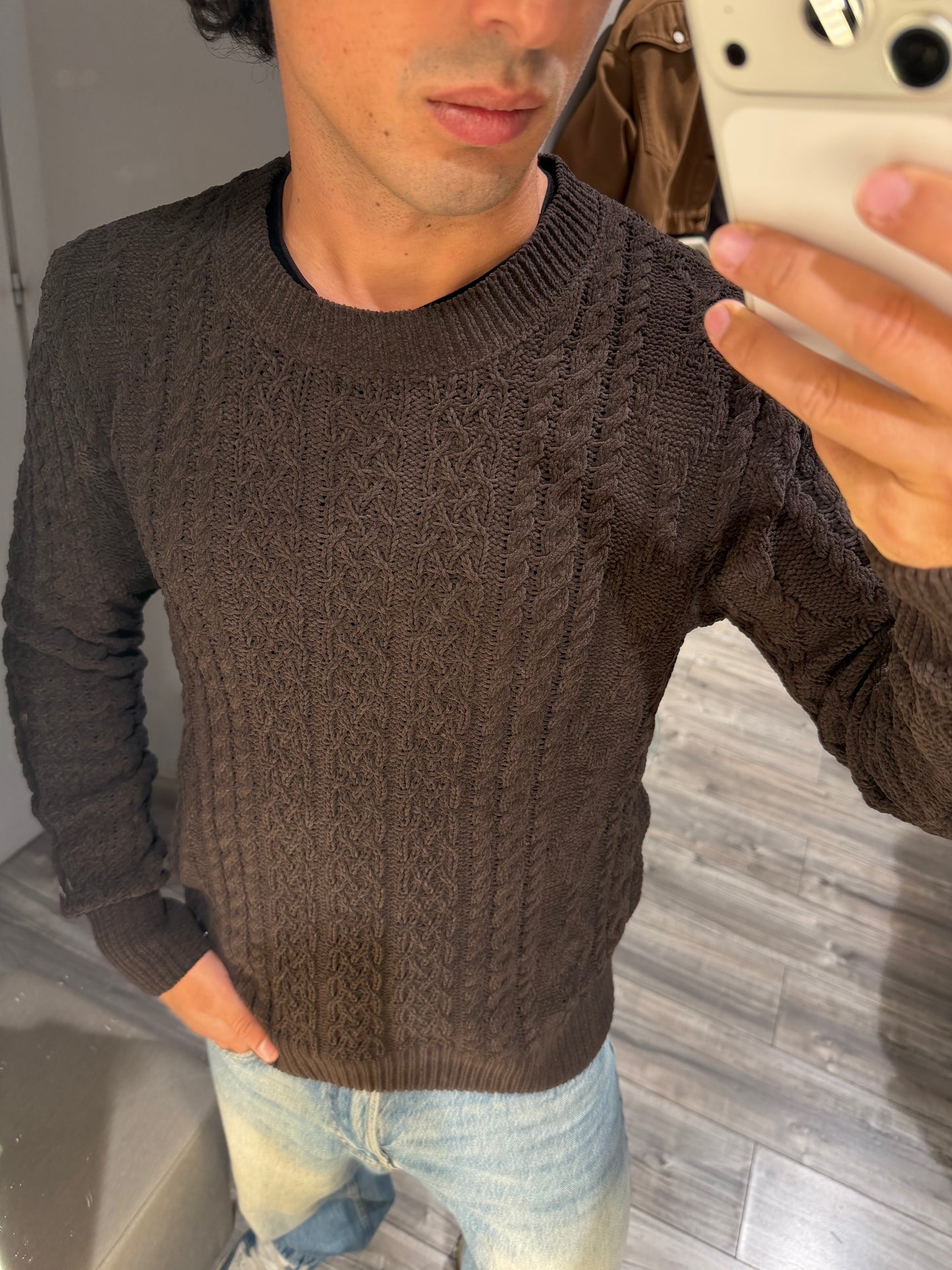 MAGLIA GIANNI LUPO CINIGLIA GIROCOLLO FANTASIA TRECCIA CAFFE 522S