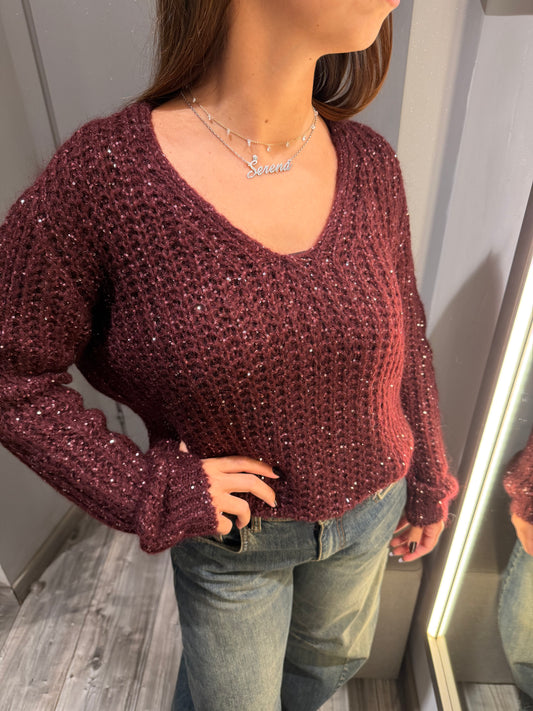 MAGLIONE SCOLLO V PAILETTES VINO 2247