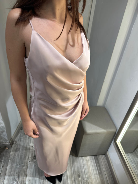 ABITO MIDI DRAPPEGGIATO EFFETTO SATIN ROSA