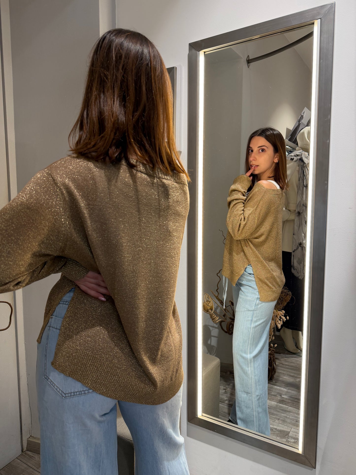 MAGLIA LUREX SCOLLO BARCHETTA FANGO