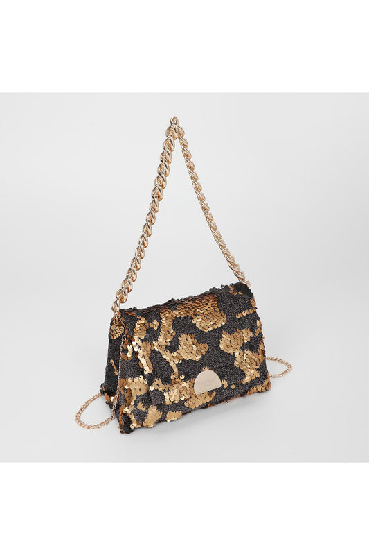 BORSA A MANO CON CATENA E PAILETTES ORO