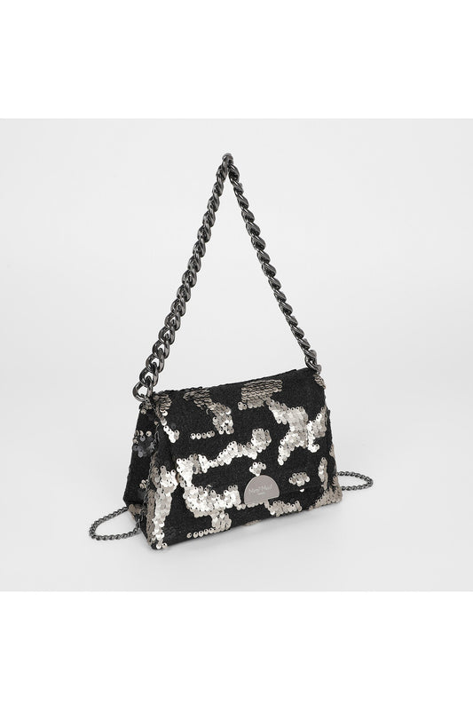 BORSA A MANO CON CATENA E PAILETTES ARGENTO