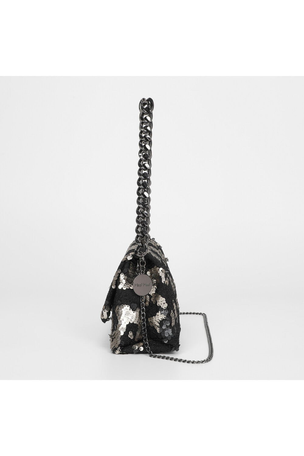 BORSA A MANO CON CATENA E PAILETTES ARGENTO