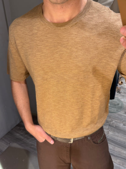 T-SHIRT IN MAGLIA MANICA CORTA CAMMELLO