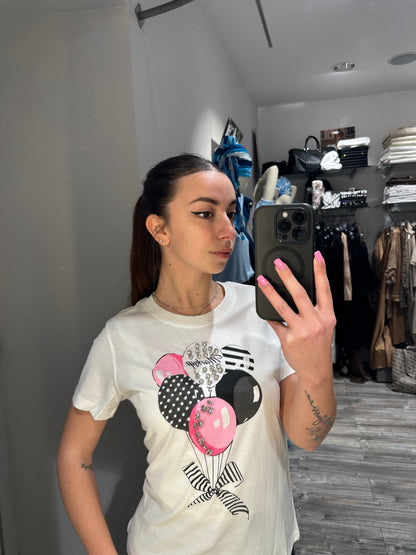 T-SHIRT BIANCA STAMPA PALLONCINI E STRASS