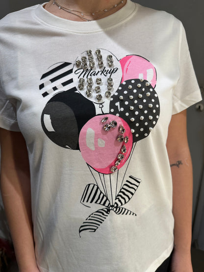 T-SHIRT BIANCA STAMPA PALLONCINI E STRASS
