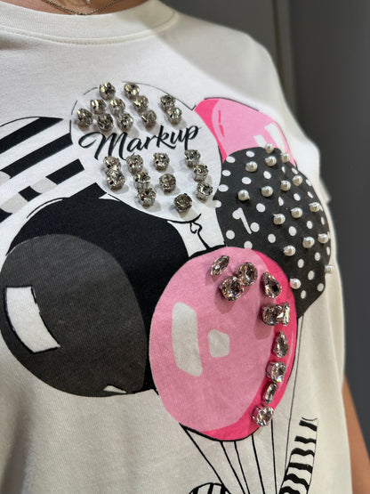 T-SHIRT BIANCA STAMPA PALLONCINI E STRASS