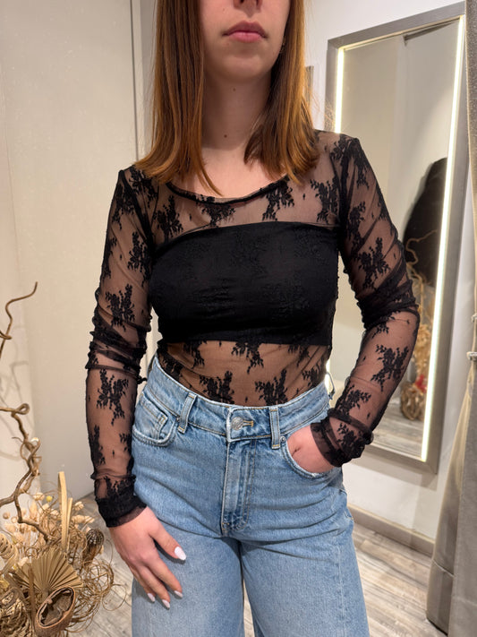 TOP TRASPARENTE A MANICHE LUNGHE CON RICAMO FLOREALE