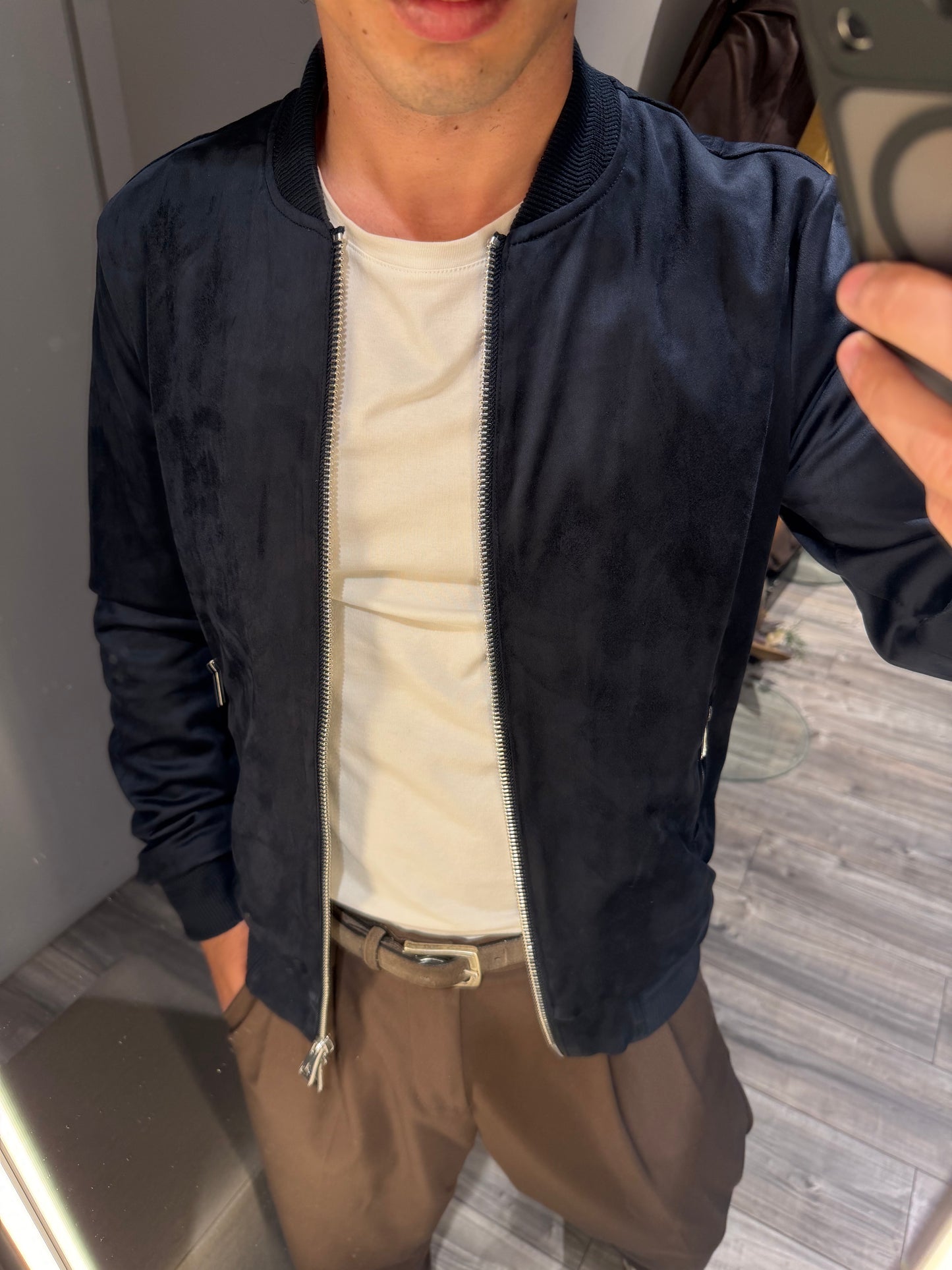 GIUBBOTTO BOMBER EFFETTO CAMOSCIO BLU