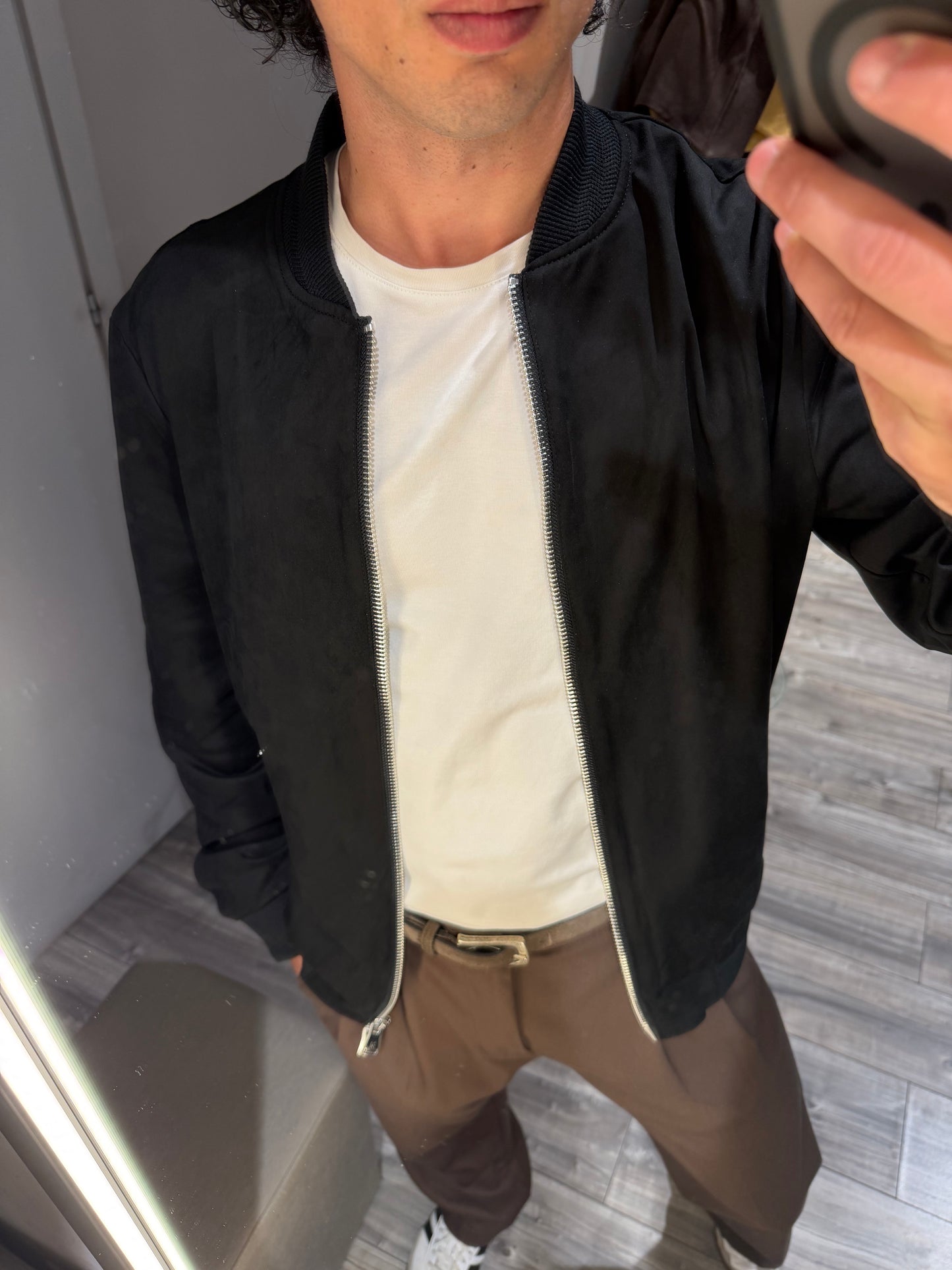 GIUBBOTTO BOMBER EFFETTO CAMOSCIO NERO