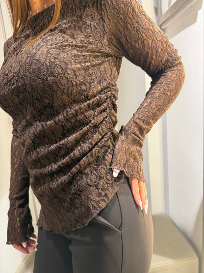 TOP IN PIZZO  IMPERIAL MANICHE LUNGHE ASIMMETRICO MORO