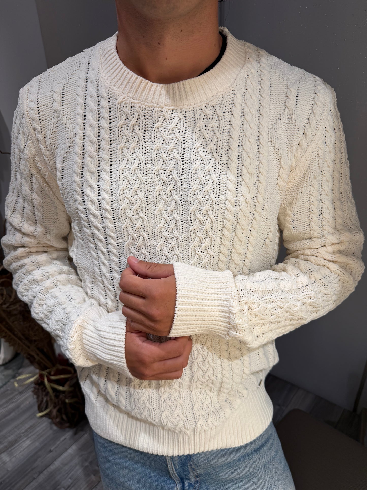 MAGLIA GIANNI LUPO CINIGLIA GIROCOLLO FANTASIA TRECCIA BIANCO 522S