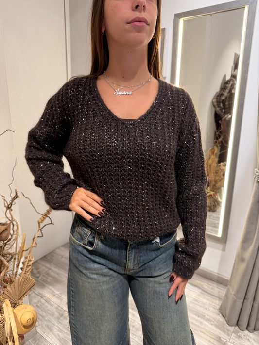 MAGLIONE SCOLLO V PAILETTES MORO 2247