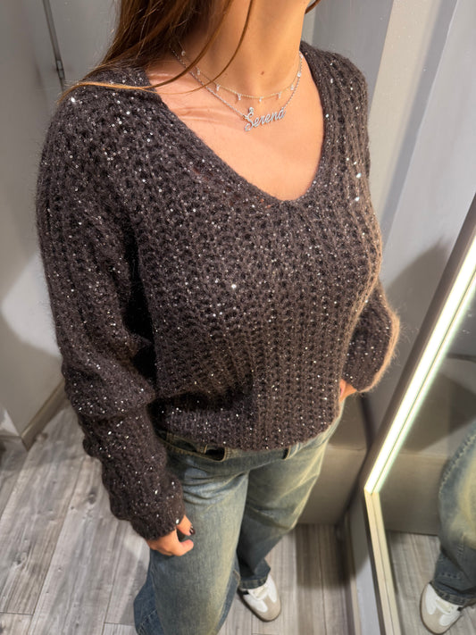 MAGLIONE SCOLLO V PAILETTES MORO 2247