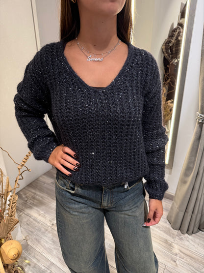 MAGLIONE SCOLLO V PAILETTES ANTRACITE 2247