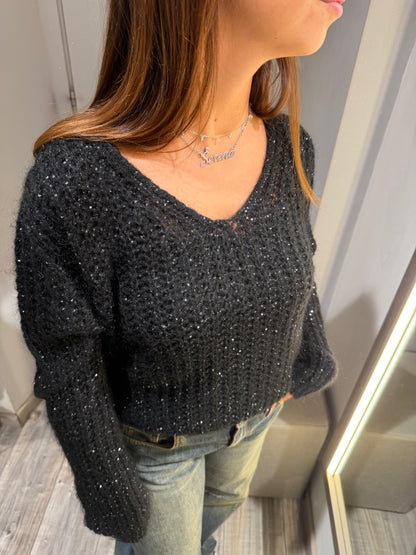 MAGLIONE SCOLLO V PAILETTES NERO 2247