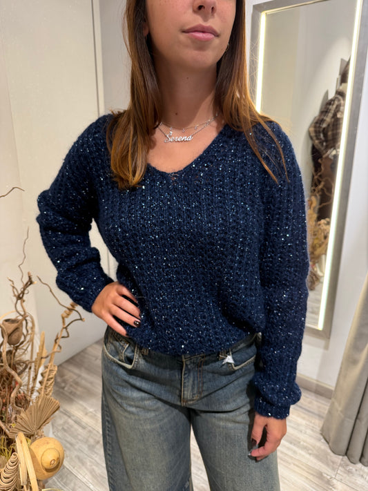 MAGLIONE SCOLLO V PAILETTES BLU 2247