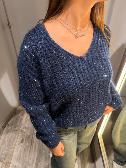MAGLIONE SCOLLO V PAILETTES BLU 2247