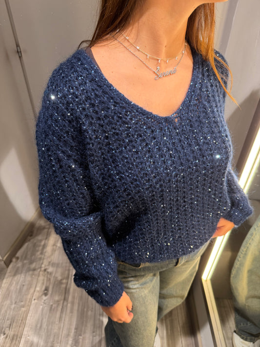 MAGLIONE SCOLLO V PAILETTES BLU 2247