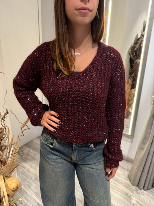 MAGLIONE SCOLLO V PAILETTES VINO 2247
