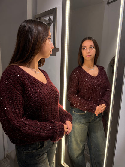 MAGLIONE SCOLLO V PAILETTES VINO 2247