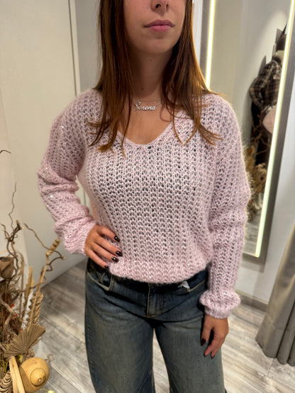 MAGLIONE SCOLLO V PAILETTES ROSA 2247