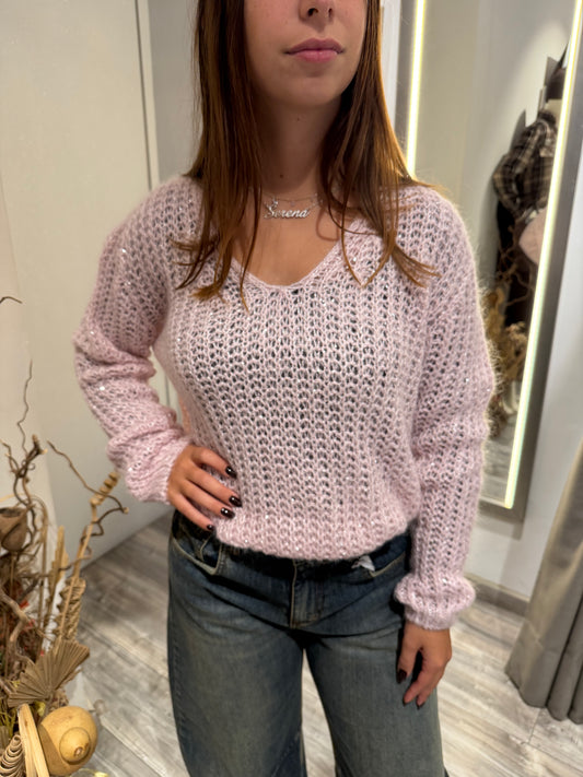 MAGLIONE SCOLLO V PAILETTES ROSA 2247