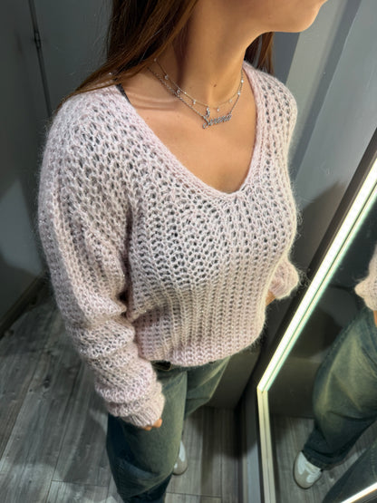MAGLIONE SCOLLO V PAILETTES ROSA 2247