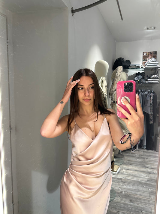 ABITO MIDI DRAPPEGGIATO EFFETTO SATIN ROSA