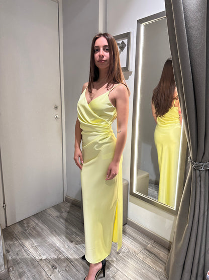 ABITO MIDI DRAPPEGGIATO EFFETTO SATIN GIALLO