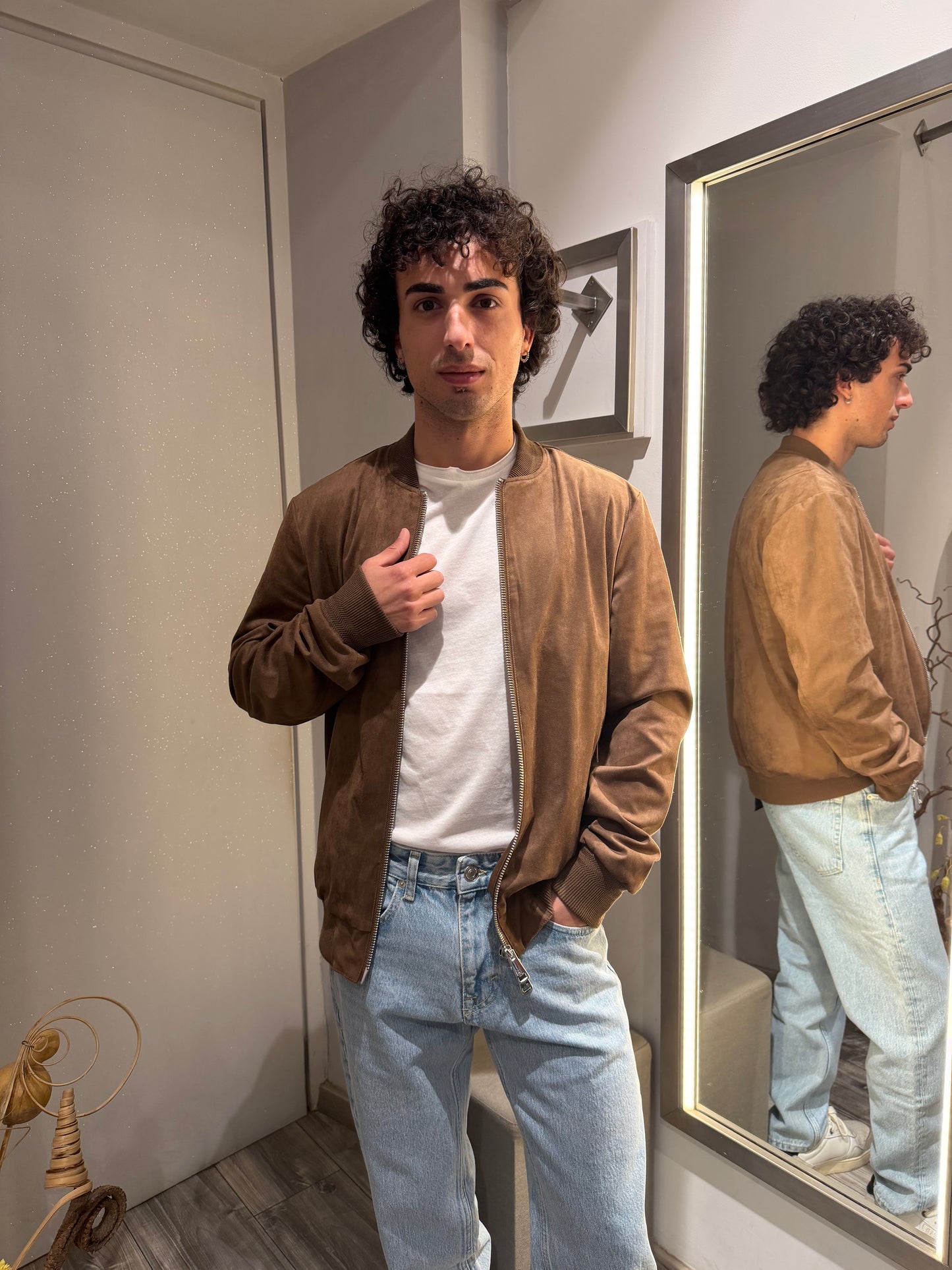 GIUBBOTTO BOMBER EFFETTO CAMOSCIO MORO