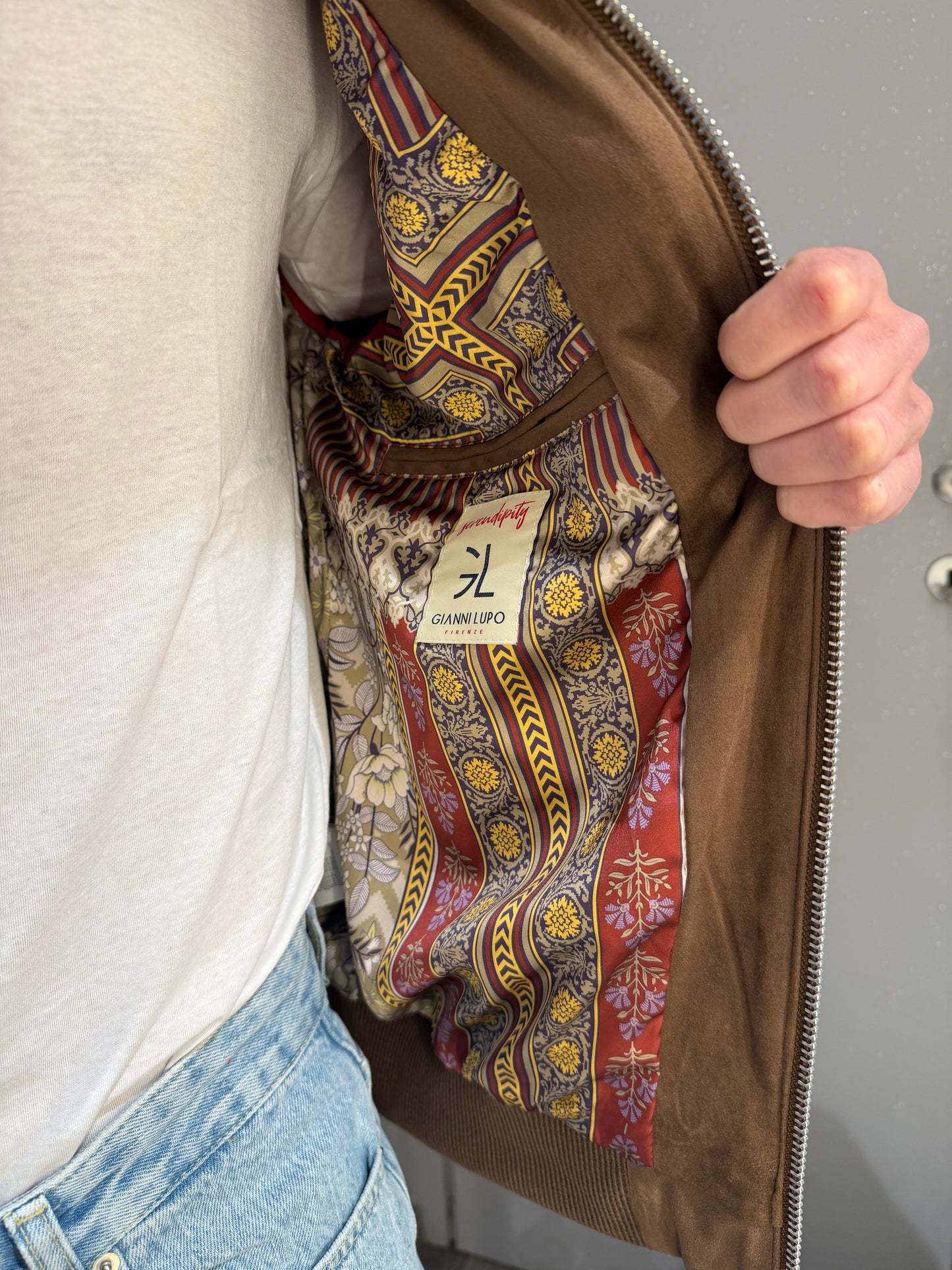 GIUBBOTTO BOMBER EFFETTO CAMOSCIO MORO