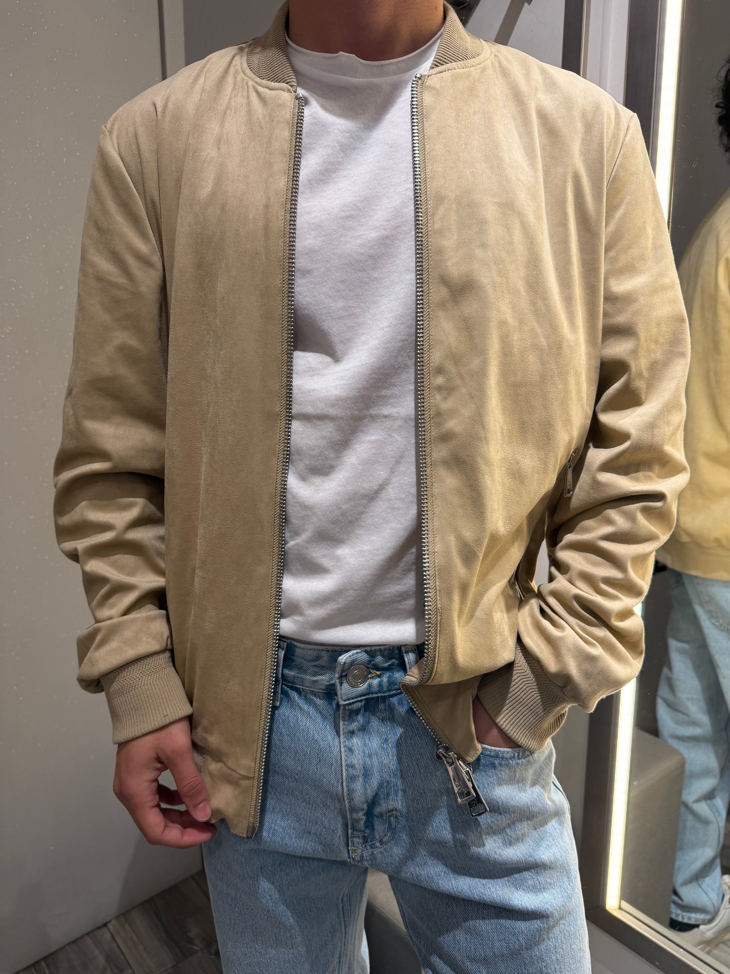 GIUBBOTTO BOMBER EFFETTO CAMOSCIO BEIGE