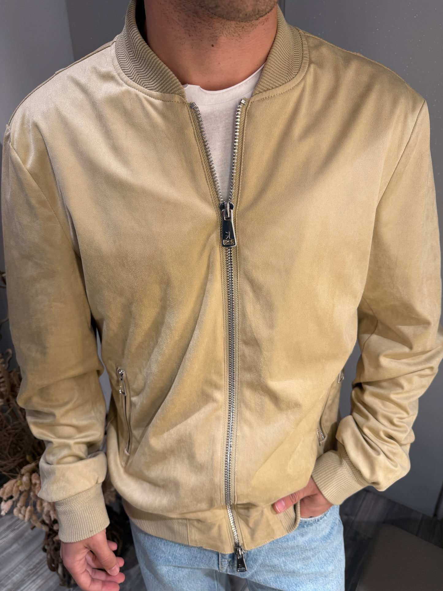 GIUBBOTTO BOMBER EFFETTO CAMOSCIO BEIGE
