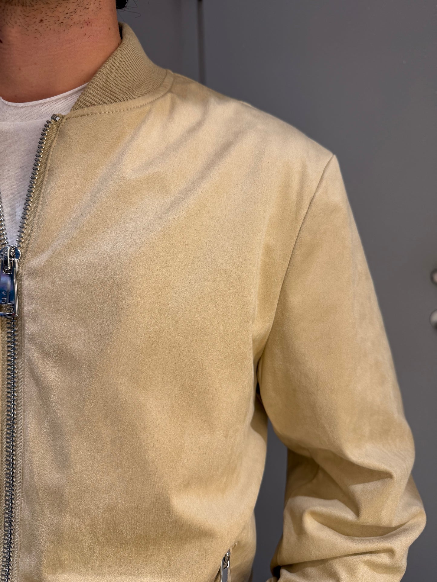 GIUBBOTTO BOMBER EFFETTO CAMOSCIO BEIGE