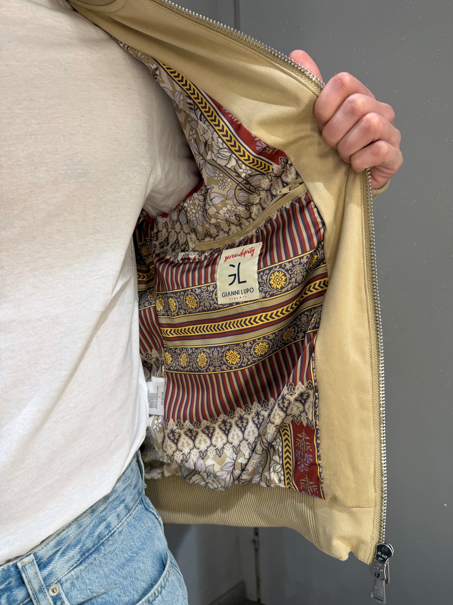 GIUBBOTTO BOMBER EFFETTO CAMOSCIO BEIGE