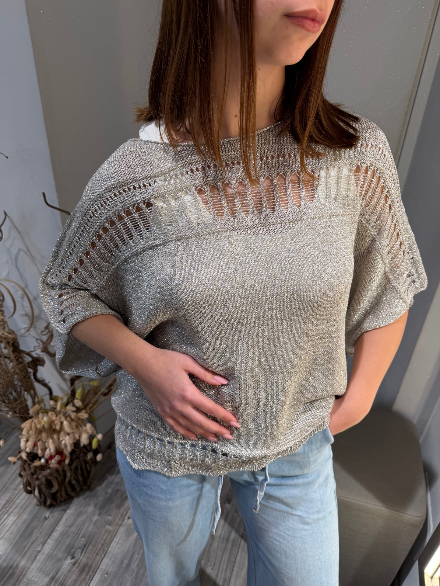 KIMONO TRAFORATO IN LUREX ARGENTO