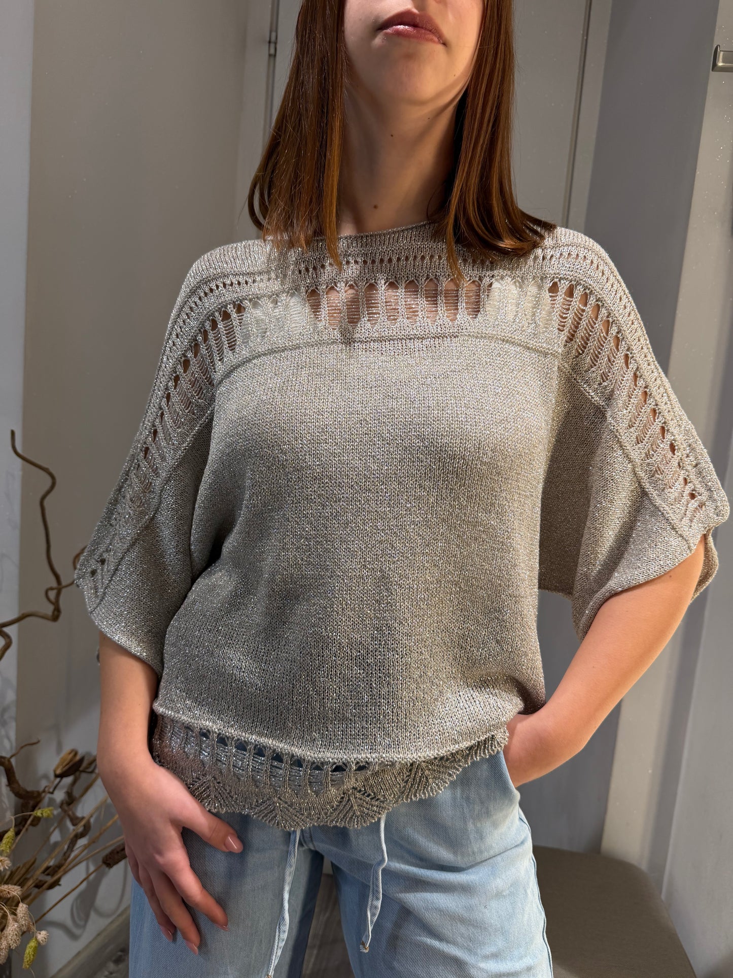 KIMONO TRAFORATO IN LUREX ARGENTO