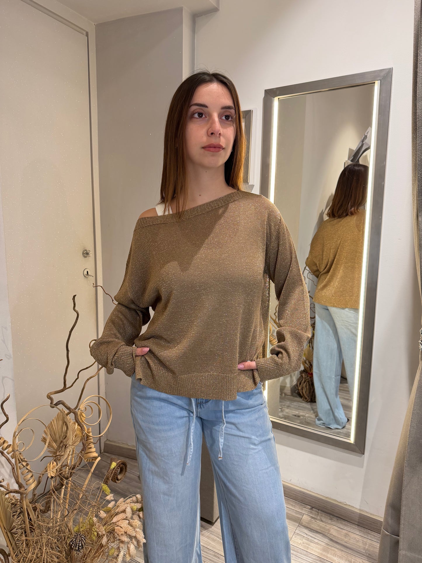 MAGLIA LUREX SCOLLO BARCHETTA FANGO