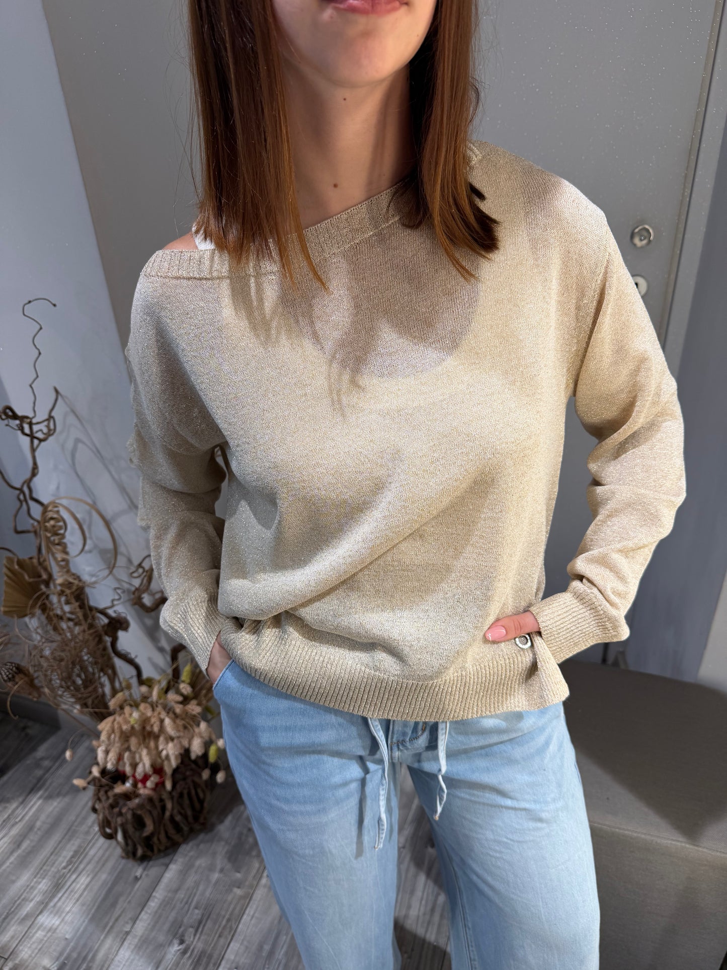 MAGLIA LUREX SCOLLO BARCHETTA BURRO