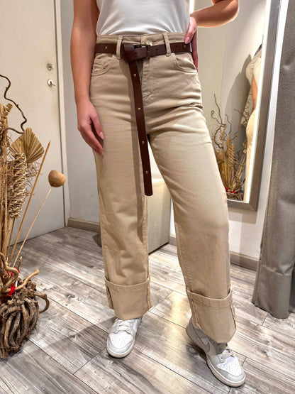 PANTARISVOLTO CON CINTURA SABBIA